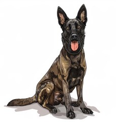 Beautiful dutch shepherd dog sitting on white cartoon style background, pet animals concept