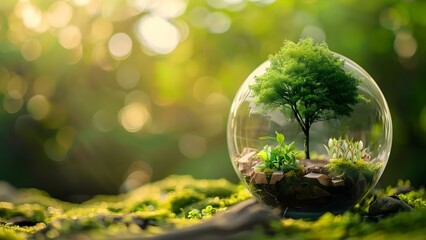 Earth Day Concept: Green Tree in Glass Globe with Blurred Nature Background. Concept Earth Day, Environment, Sustainability, Green Living, Nature Conservation