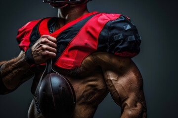 Close-up of a muscular American football player in gear, holding a football