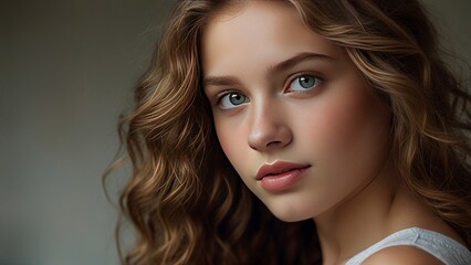 Fototapeta premium Timeless Beauty: Portrait of a Stunning 19-Year-Old Woman with Captivating Features.