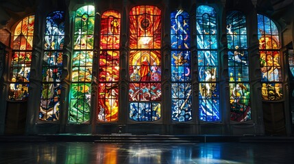 Four stained glass windows in red, blue, green, and yellow.

