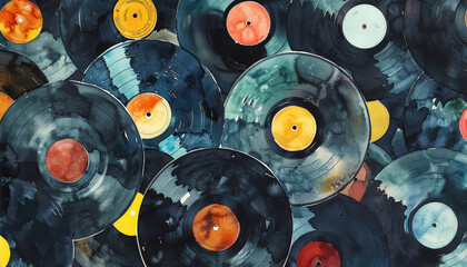 A painting of many old records with a blue background