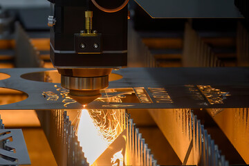 The fiber laser cutting machine  cut the metal plate with the sparkling light.