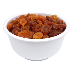 dried grapes in a white bowl isolated transparent