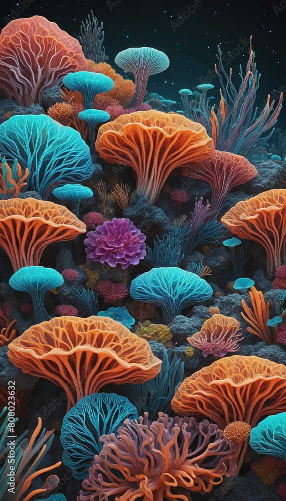 Poster abstract futuristic gradient vector design inspired by underwater coral reefs and iridescent sea lif