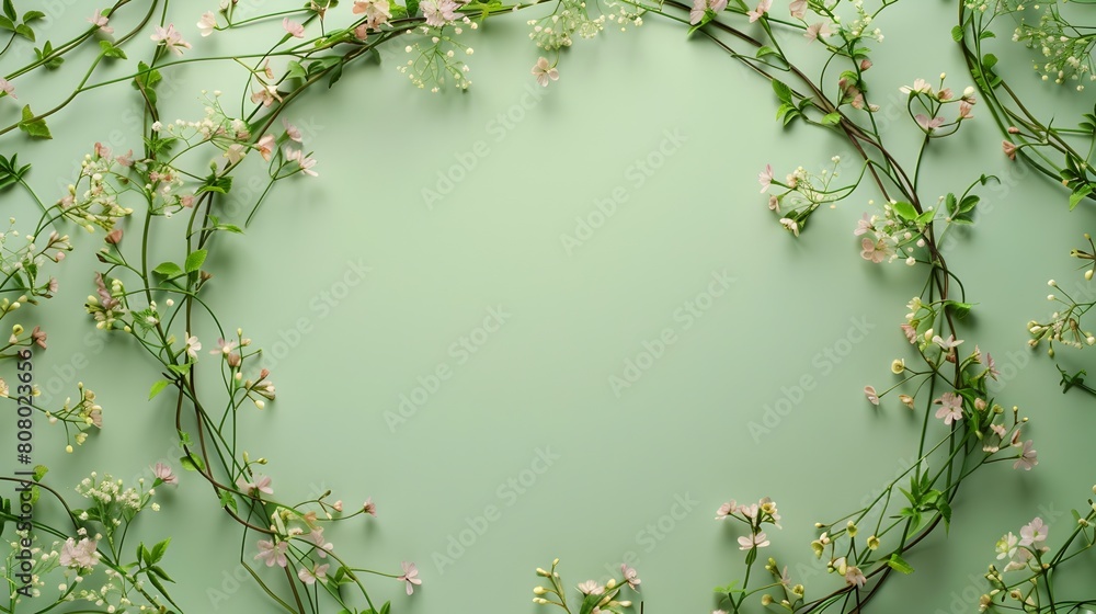 Wall mural lush spring floral wreath of intertwined vines with blooming pastel flowers