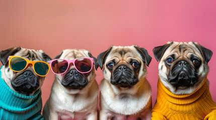 Fototapeta premium Creative animal concept. Group of pug dog puppy friends in sunglass shade glasses isolated on solid pastel background, commercial, editorial advertisement, copy text space.