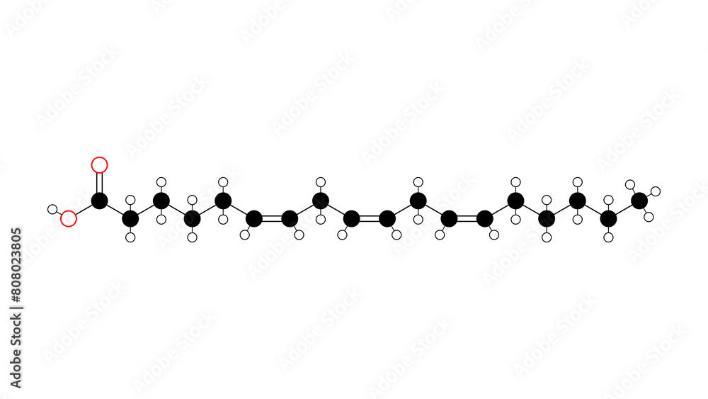 Sticker gamma-linolenic acid molecule, structural chemical formula, ball-and-stick model, isolated image ome