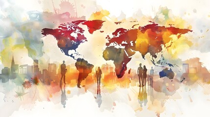 Vibrant Watercolor World Map Showcasing Global Connections and