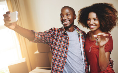 Black couple, real estate or smile with selfie new house with bonding, support and break or relax...