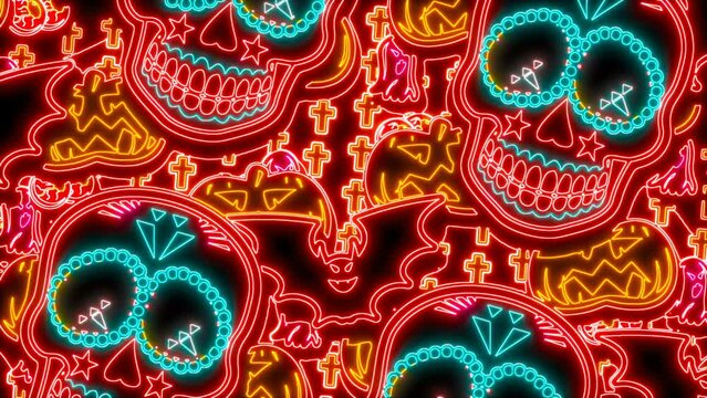 Seamless animation of Halloween element with neon effect. Funny background with skulls, bats, pumpkins and crosses with fluorescent effect for parties and events.