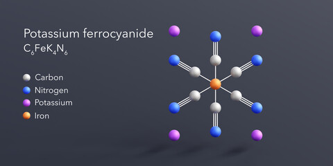 potassium ferrocyanide molecule 3d rendering, flat molecular structure with chemical formula and atoms color coding
