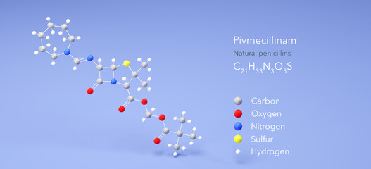 pivmecillinam molecule, molecular structures, natural penicillins, 3d model, Structural Chemical Formula and Atoms with Color Coding