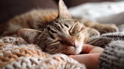 A cat laying on top of a blanket with its head resting in someone's hand, AI