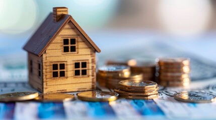 A small wooden model home surrounded by stacks of coins, symbolizing real estate investment and savings.