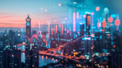 Fototapeta premium A city skyline at dusk with a superimposed financial trading graph, highlighting economic activity.