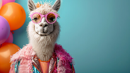 Fototapeta premium Creative animal concept. Llama in glam fashionable couture high end outfits isolated on bright background advertisement, copy space. birthday party invite invitation banner.