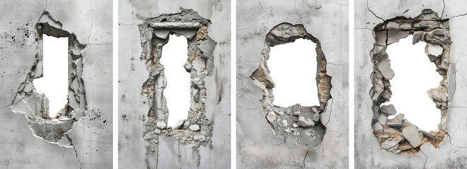 set of hole breaking through old grey cracked concrete wall. white background. cut out.