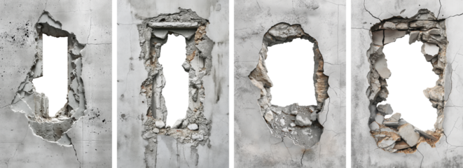 set of hole breaking through old grey cracked concrete wall. white background. cut out.