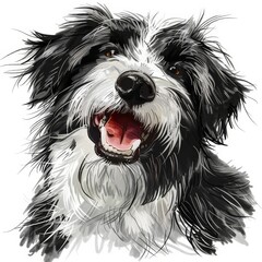 Happy catalan sheepdog puppy close up portrait on white background in cartoon colored sketch style - obrazy, fototapety, plakaty