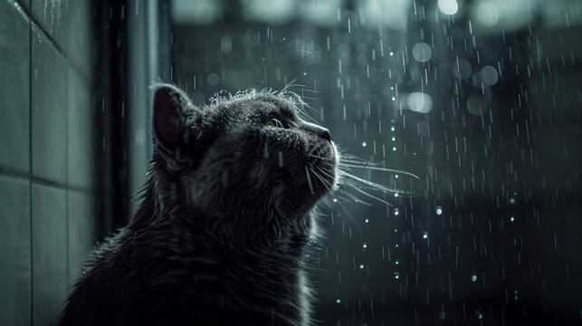 Dramatic close-up of a wet cat gazing upward amidst a shower, illuminated by a soft, mysterious blue light