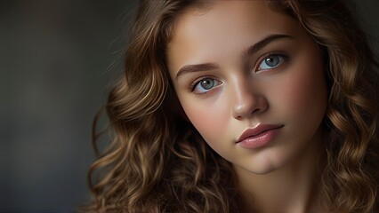 Naklejka premium Timeless Beauty: Portrait of a Stunning 19-Year-Old Woman with Captivating Features.