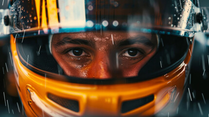 Intense gaze of an F2 racing driver through a rain-spattered helmet