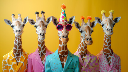 Creative animal concept. Group of giraffe in funky Wacky wild mismatch colourful outfits isolated on bright background advertisement, copy space. birthday party invite invitation banner.