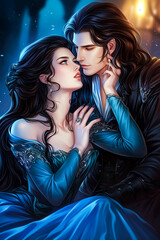 Beautiful fantasy couple, aristocrats, drawing, digital processing, magic, Victorian style, realistic photos, enemies and lovers, castle, garden