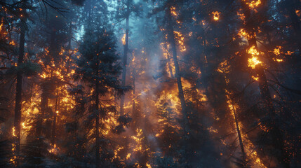 A forest fire is burning through a forest, with trees and branches on fire
