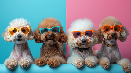 Creative animal concept. Group of poodle dog puppy friends in sunglass shade glasses isolated on solid pastel background, commercial, editorial advertisement, copy text space.
