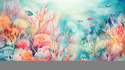 Obraz na płótnie Canvas A mesmerizing blend of teal and coral watercolor splashes, echoing the beauty of a coral reef