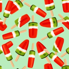 Colorful illustration seamless pattern bright red watermelon ice cream hand drawn on a green background