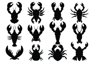 Set of Lobster black Silhouette Design with white Background and Vector Illustration