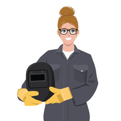 Young woman welder in a uniform holding a protective helmet. Flat vector illustration isolated on white background