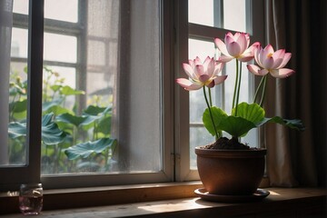 Fototapeta premium Lotus in a Pot by the Window