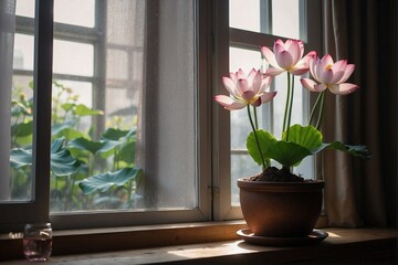 Lotus in a Pot by the Window
