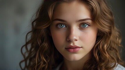 Fototapeta premium Timeless Beauty: Portrait of a Stunning 19-Year-Old Woman with Captivating Features.