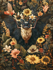 Elegant bat with flowers background illustration