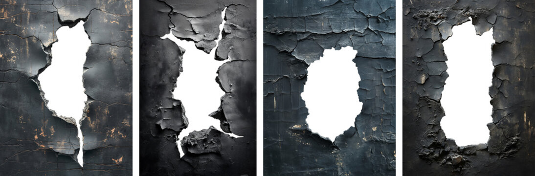 set of hole breaking through black wall. cut out.