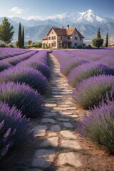 Lavender Field with Path to House with Mountains in the Background