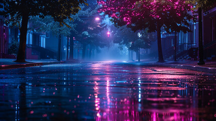 Neon mulberry reflections on wet asphalt in a dark, empty street, misty atmosphere.