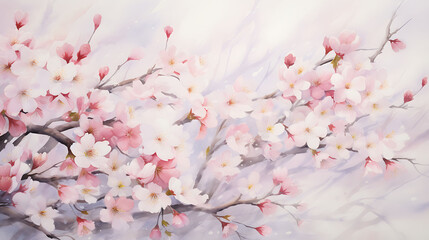 A watercolor scene of cherry blossom petals dancing in the wind, with delicate pinks and whites