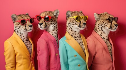 Four Fashionable Cheetahs Wearing Stylish Suits and Sunglasses on Pink