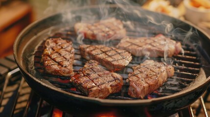 A sizzling grill with juicy steaks cooking, emitting mouthwatering aroma