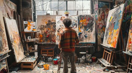 A young artist painting in a cramped, chaotic studio, using art to escape a tough urban environment