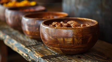 A row of wooden bowls filled with food on a table, AI