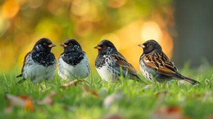 A group of four birds standing in a grassy area, AI - Powered by Adobe