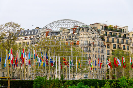 The Symbolic Globe and the flags of all nations, modern monument in the headquarters of Unesco in Paris, France