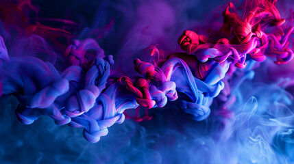 A serene depiction of blue and red inks slowly diffusing in water, creating a spectrum of purple...